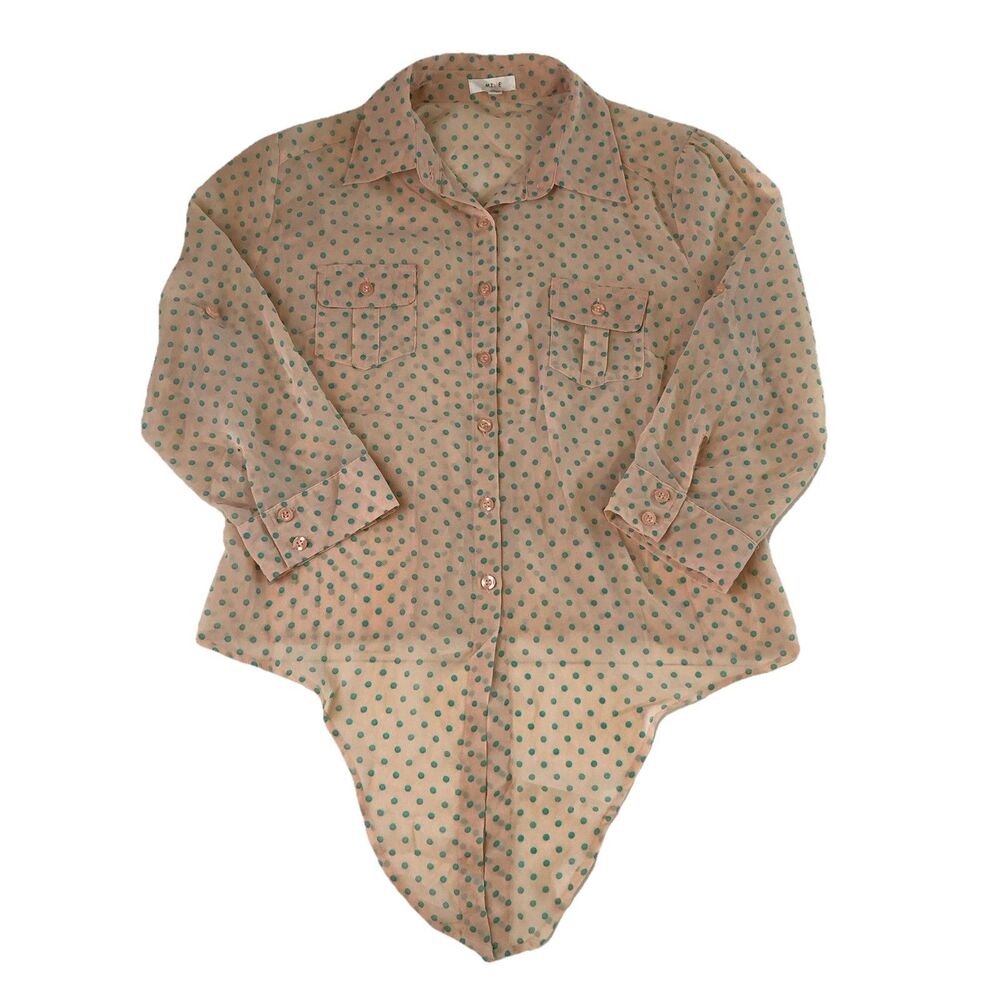 Mine Women’s Peach & Teal Polka Dot Tie-Front Blouse Roll Tab Sleeve Large